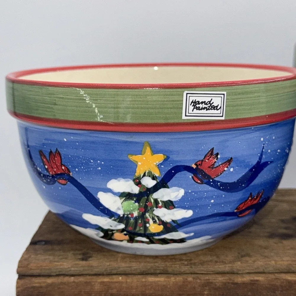 Mixing Serving Bowls Set of 2 Hand Painted‎ Christmas Tree Cardinal Stoneware